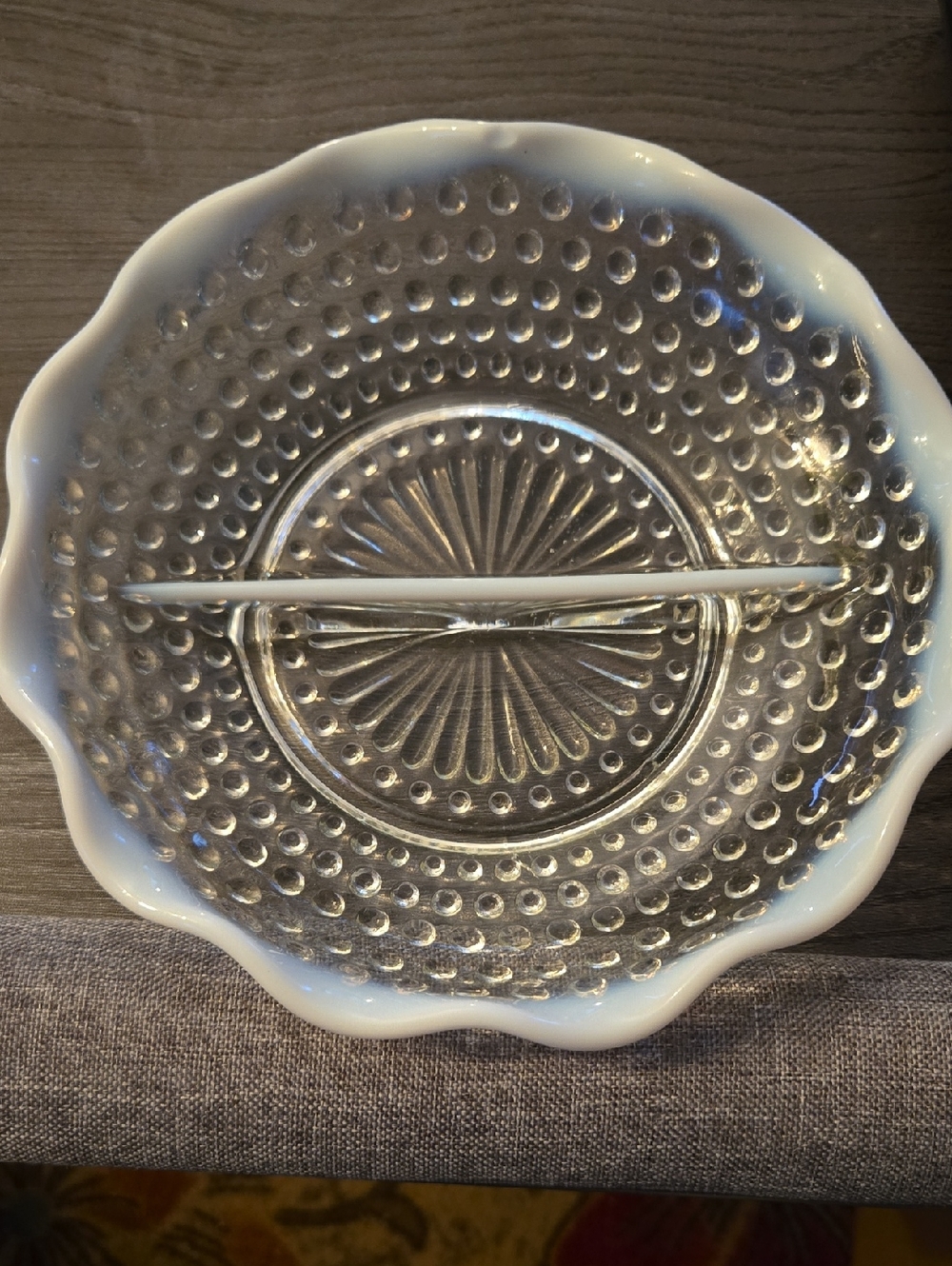 Vintage Anchor Hocking Moonstone Opalescent Hobnail Divided Serving Dish